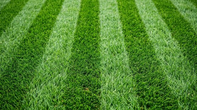 A lawnmower stripes a vibrant green lawn. The lawn is neatly cut in parallel lines.
