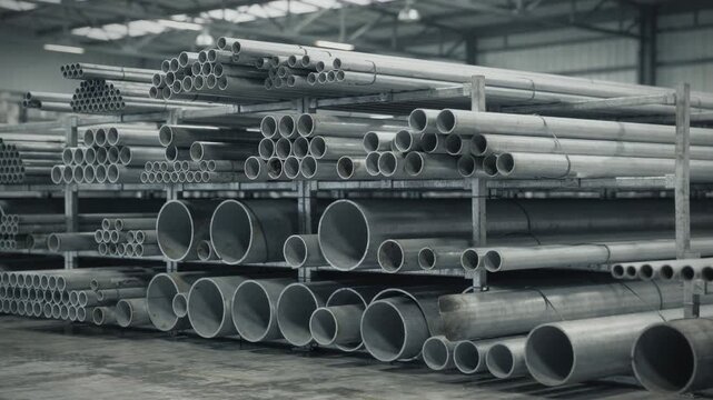 Medium shot focusing on mixed diameter pipes securely arranged on metal racks in an industrial warehouse with concrete flooring