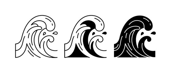 Fototapeta premium Stylized Ocean Waves, Water Splash Icons, Set of 3 Marine Vector Graphics