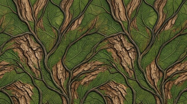A detailed, textured image of a dense forest canopy. The scene showcases a network of gnarled tree trunks and branches covered in vibrant green leaves.