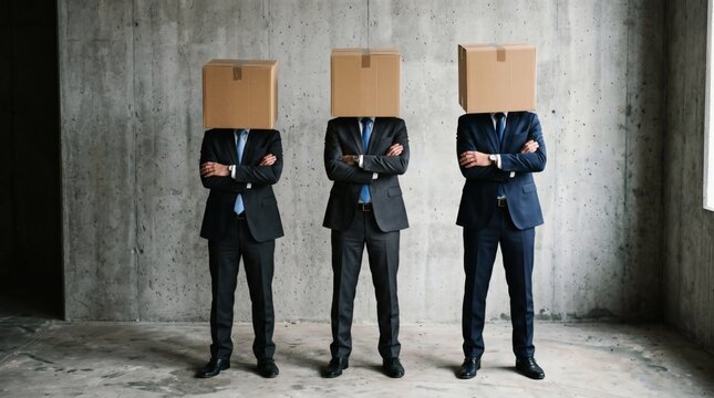Three businessmen with cardboard boxes over their heads standing against a concrete wall.