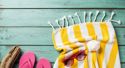 Obraz premium Beach towel, flip-flops, sunglasses, and driftwood on a teal wooden background, symbolizing summer vacation and relaxation
