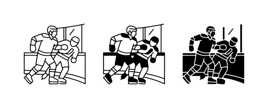 Hockey Fight Icons, Ice Hockey Scuffle Vector Graphics, Sports Confrontation Illustrations