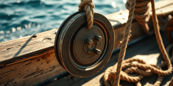 Close-up view of a weathered wooden pulley and thick rope aboard a sailing vessel, bathed in sunlight