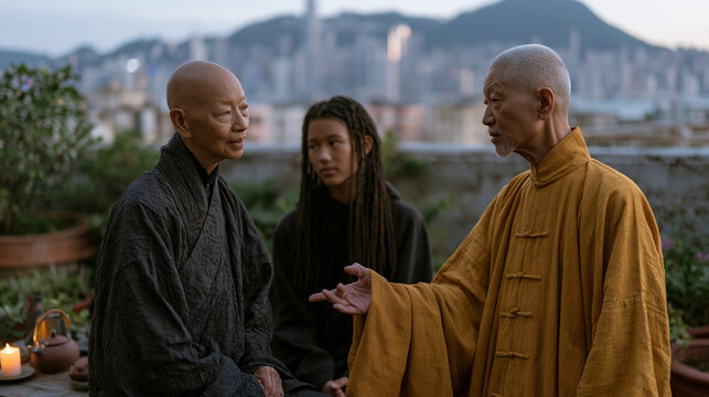 Retired Cantonese opera performer in her seventies demonstrates a hand gesture to her teenage grandniece in a rooftop garden, intergenerational cultural gap bridged in a Hong Kong