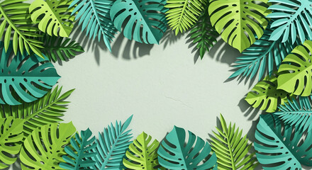 Naklejka premium Paper cutouts of tropical leaves in green and teal hues, forming a decorative border around a blank space, suggesting a natural, artistic theme