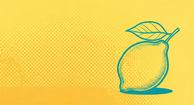 Graphic illustration of a blue lemon with a leaf on a yellow background with halftone dots, representing freshness, zest, and summer
