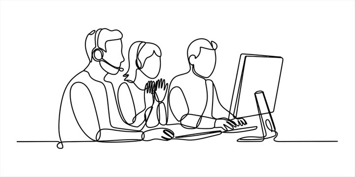 Team of people working together at computers in a call center, continuous line drawing