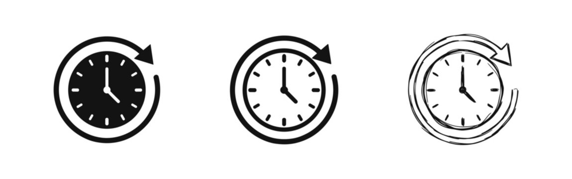 Back arrow clock history and time back icon set in three styles