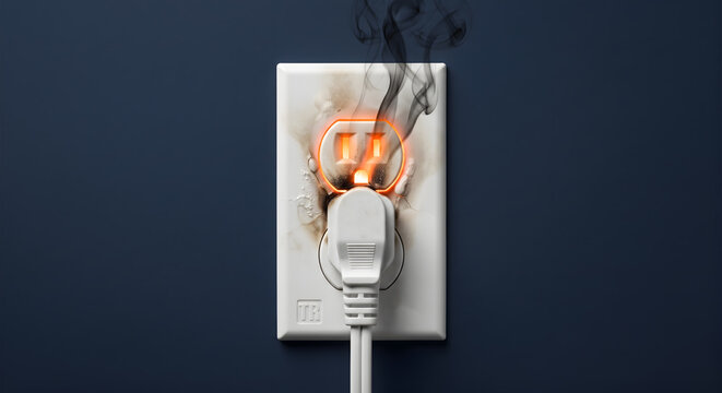 Burning electrical outlet with smoke and orange glowing electricity, unsafe wiring overload risk.