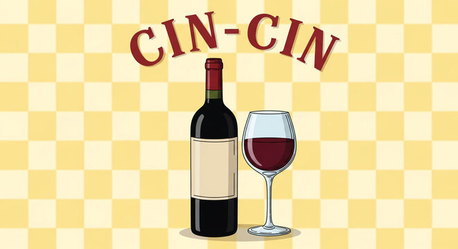 Bottle and glass of red wine on a checkered yellow background with text "CIN - CIN", symbolizing celebration and toast