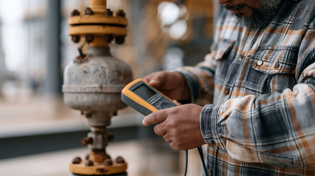 Close-up hands of elderly instrument technician connecting HART communicator to field transmitter on refinery pipe rack, loop calibration procedure, process instrumentation