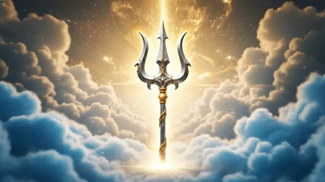 Divine Trident Symbol in Celestial Clouds: Mythology & Fantasy Graphic Resource for Spiritual and Mystical Designs