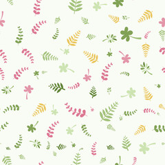 Obraz premium Seamless pattern with cute handdrawn leaves and flowers isolated on white background