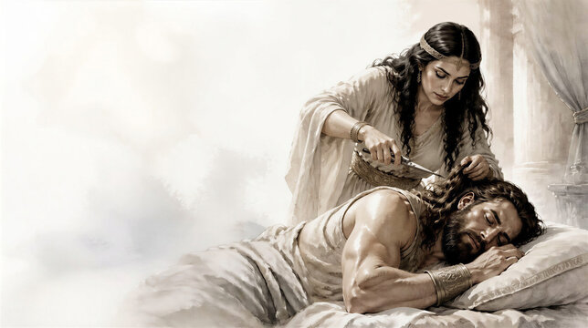 Delilah cutting Samson's hair. Samson and Delilah biblical story concept. Artistic minimalist art with copy space.