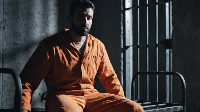 Man in orange jumpsuit sitting in prison cell looking down.