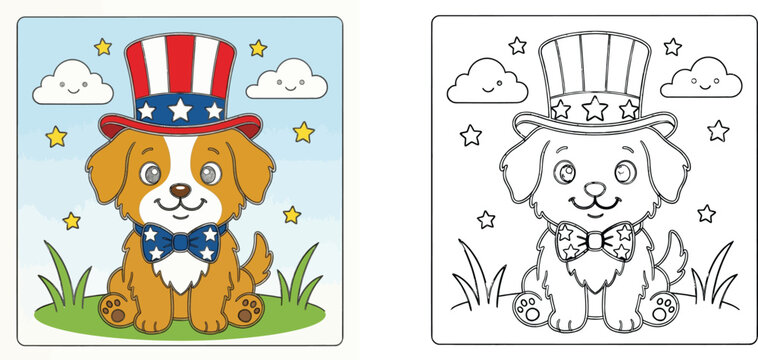 Patriotic dog coloring page for kids with colored reference, cute puppy in Uncle Sam hat and bow tie, Fourth of July American independence day illustration