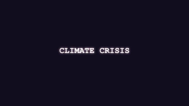Red digital glitch animation unscrambling the words Climate Crisis for ecological disaster news broadcasts and environmental documentaries