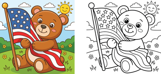 Fototapeta premium Cute teddy bear holding American flag coloring book page for kids, vector illustration with colored template and black and white outline