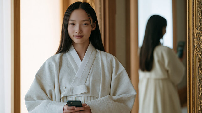 Teenage girl in Seoul practices a Korean court dance she learned from a grandmother in Busan over video call, recording herself on a phone propped against a mirror, third culture