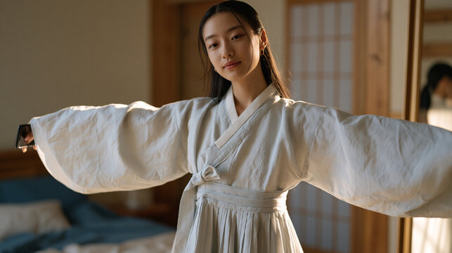 Teenage girl in Seoul practices a Korean court dance she learned from a grandmother in Busan over video call, recording herself on a phone propped against a mirror, third culture