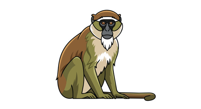Sitting Grivet Monkey Illustration with Black Face and White Beard Isolated on White Background