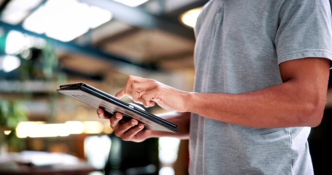 Student, hands and scroll in university with tablet, online research and check enrollment for course. Bokeh, man browse or website in college with tech, learning or registration for higher education.
