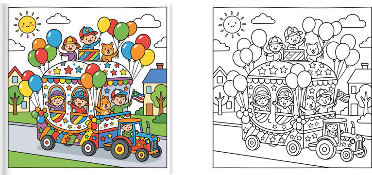 Kids coloring book page with a parade float trailer pulled by a tractor, featuring cute children, teddy bears, colorful balloons, and a sunny background, colored and outline versions.