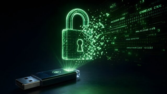 Cyber Crime Investigator in a Futuristic Scene: 3D Hologram Padlock Shattering Malicious Code from a Secure USB Drive, Neon Green and Black, Cinematic Sci-Fi Photorealism