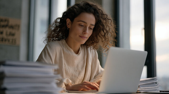 Legal aid paralegal using an AI contract analysis tool to prepare affordable housing case documents for underserved clients, stacked case files beside laptop, community law office