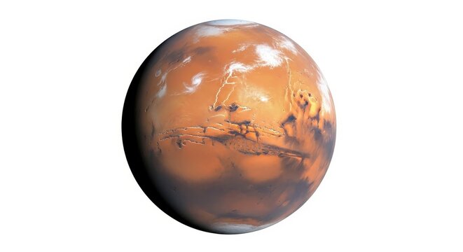 Mars planet with orange surface and white clouds in space
