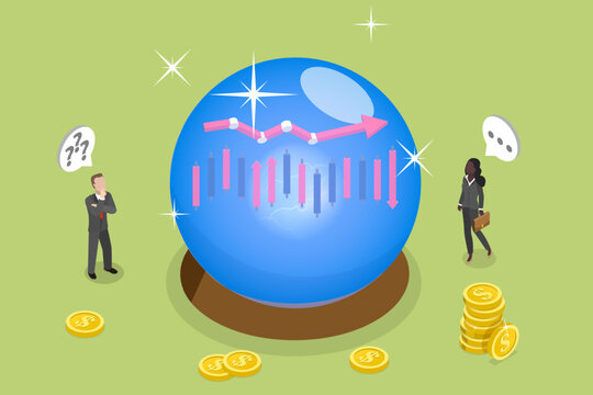 3D Isometric Flat Vector Illustration of Stock Forecast, Fortune Teller Predicts Future Market Trends For Business Vision Concept