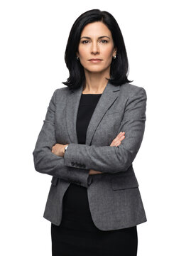 Professional Confident Woman in a Grey Blazer with Arms Crossed Against a Blank Background for Corporate and Business Themes