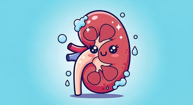 Kidney cartoon character with happy face.