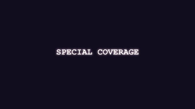Special coverage text animation with cyber glitch effects on dark background broadcast journalism motion graphics loop for exclusive television reports and breaking news documentary visual media asset