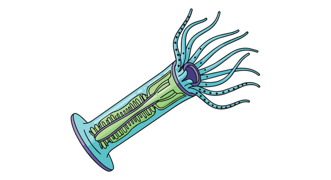 Scientific Anatomical Illustration of a Marine Cnidarian Polyp Showing Tentacles and Internal Structural Details