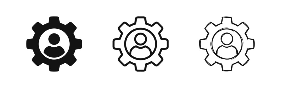 User management or human resources icon set with person in gear in flat, outline and sketch style