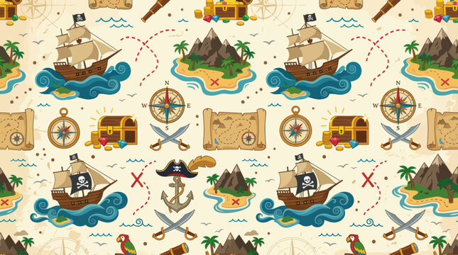 Pirate Treasure Map Pattern: Ships, Islands, Chests, Compass, Swords, Parrot