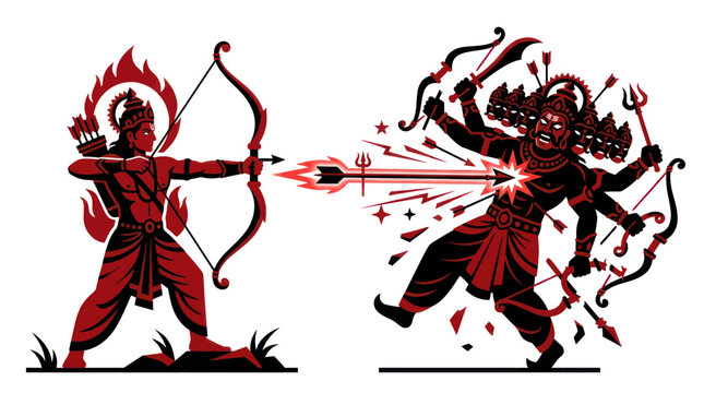 Ram fighting Ravana with bow and arrow, mythological battle illustration