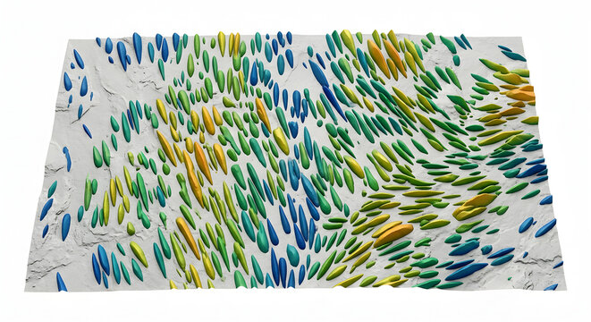 Detailed 3D Render of Drumlin Swarm Elongation and Orientation Map, Suitable for Science Education, Isolated on a White Background