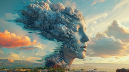 Obraz premium Dreamlike celestial vision, Mystical profile emerges among luminous golden sunset clouds, Serene horizon is filled with glowing shards and drifting embers in sunset sky