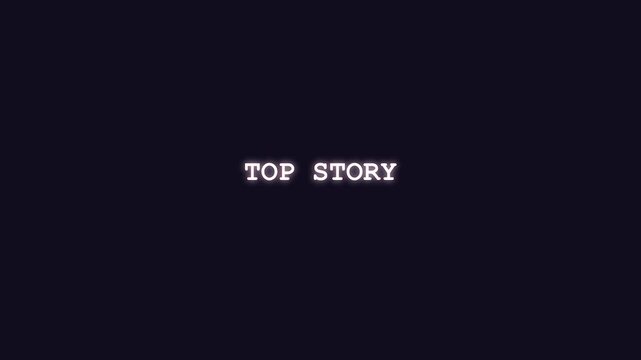 Illuminated Top Story text animation emerging from a high-tech hacker decryption sequence on a solid black background for primetime news intros