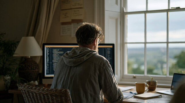 Open-source software maintainer working from a rural farmhouse converted home office, pull request queue filling a wide monitor, handwritten contributor notes pinned above desk,