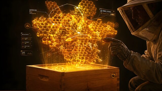 Futuristic holographic honeycomb displaying queen bee movement over a modern wooden beehive box, glowing amber-gold, cinematic sci-fi photorealism