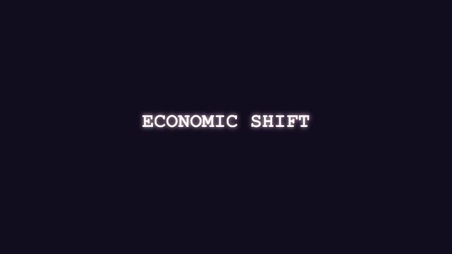 Luminous red typography depicting an Economic Shift resolving from scrambled glitching data patterns for global financial news broadcasts