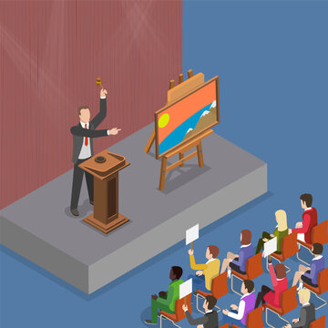 3D Isometric Flat Vector Illustration of Art Auction, Seller Displaying Picture With Gavel In Hand