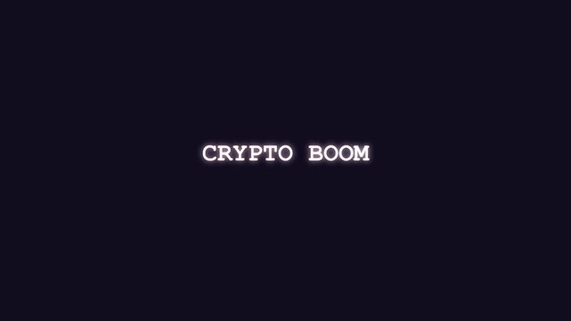 Blockchain finance news graphic featuring a red neon Crypto Boom text decoding from cyber glitch animation against a dark background