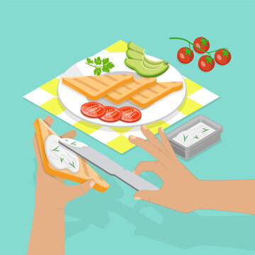 3D Isometric Flat Vector Illustration of Making Sandwich, Breakfast Cooking And Food Preparation