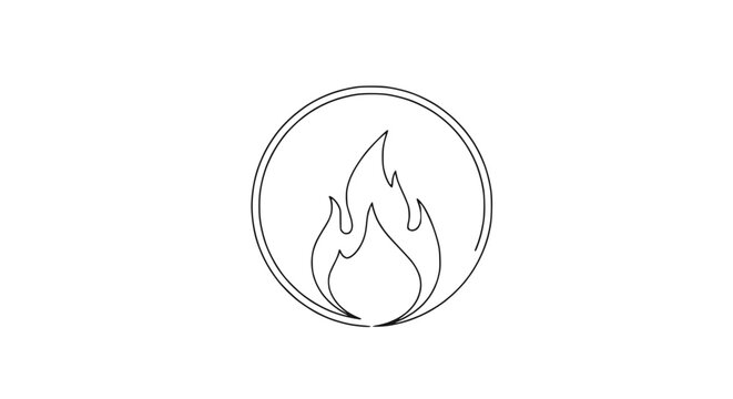 Minimalist fire icon in circle, line art, simple flame symbol, heat concept