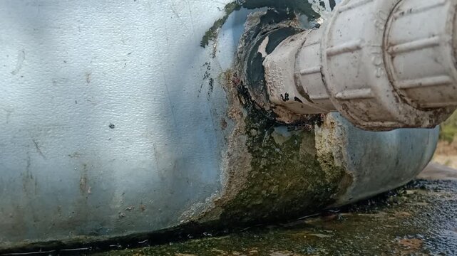 Honey bee drinking from a leaking agricultural water tank valve with failed sealant repair, Leaking Water Tank Joint with Rusty Corrosion and Algae Buildup